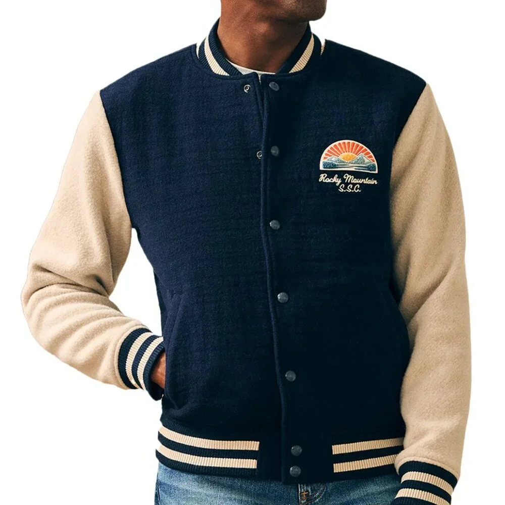 Faherty‎ Men's Wool-Blend Embroidered Throwback Varsity Jacket, Size XL, Navy